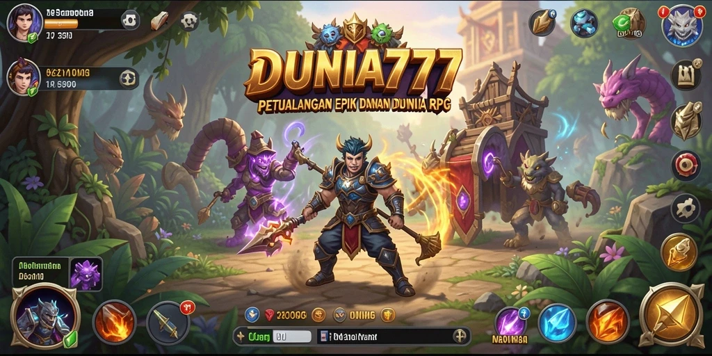 Screenshot utama DUNIA777 menampilkan aksi seru dalam pertempuran RPG.
