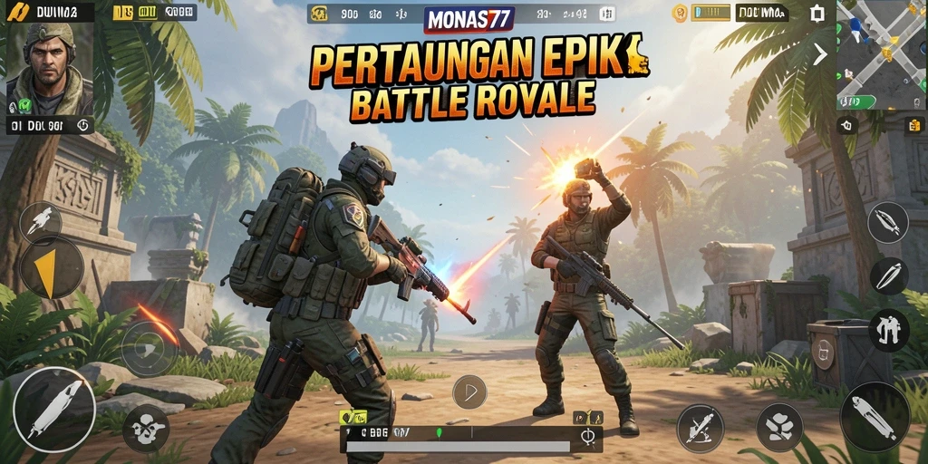 Screenshot gameplay MONAS77 menunjukkan pertarungan intens di arena Battle Royale.