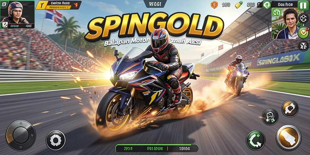 Screenshot gameplay SPINGOLD dengan balapan motor yang seru.